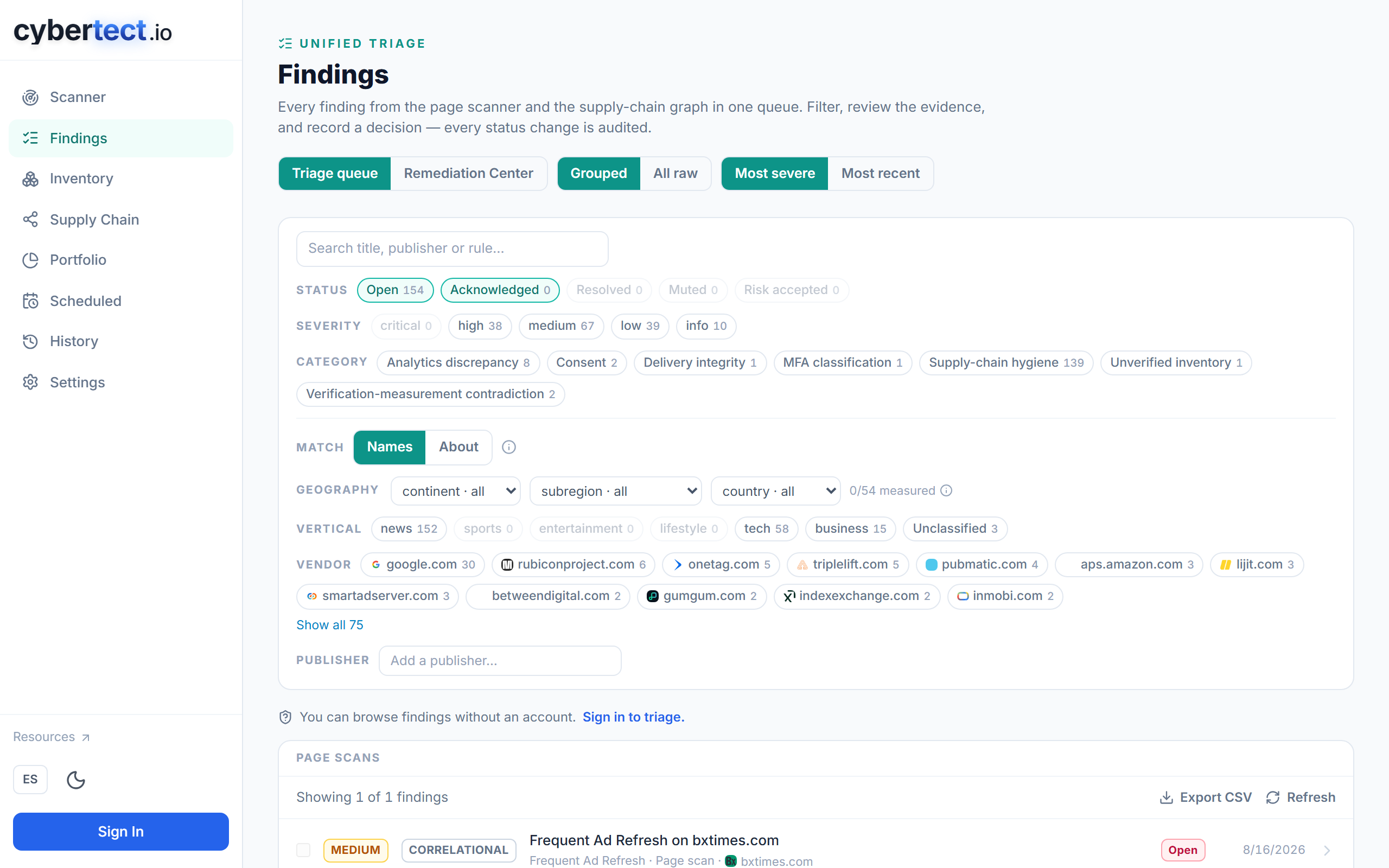 Cybertect audit report showing findings with severity levels and evidence